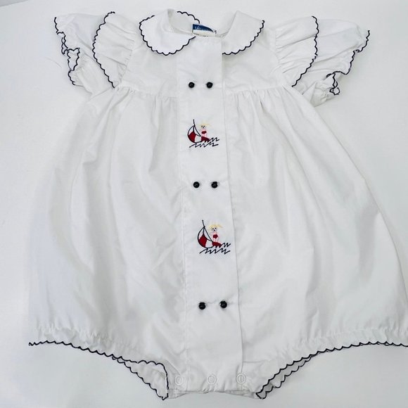 Vintage Nanette Sailor Baby One Piece Embroidered Scalloped Edge Sail Boat - Picture 7 of 8